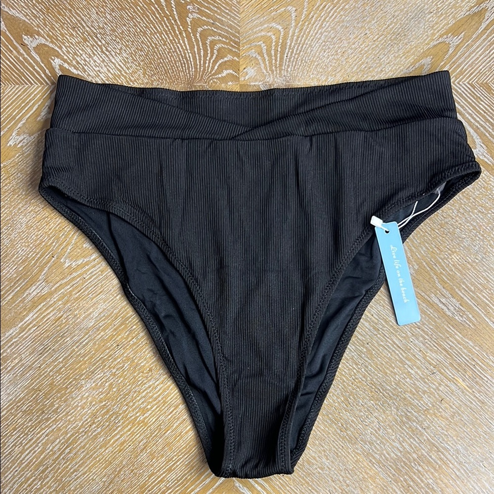 LIVE LIFE ON THE BEACH Black Ribbed High-Waisted Bikini Bottoms L